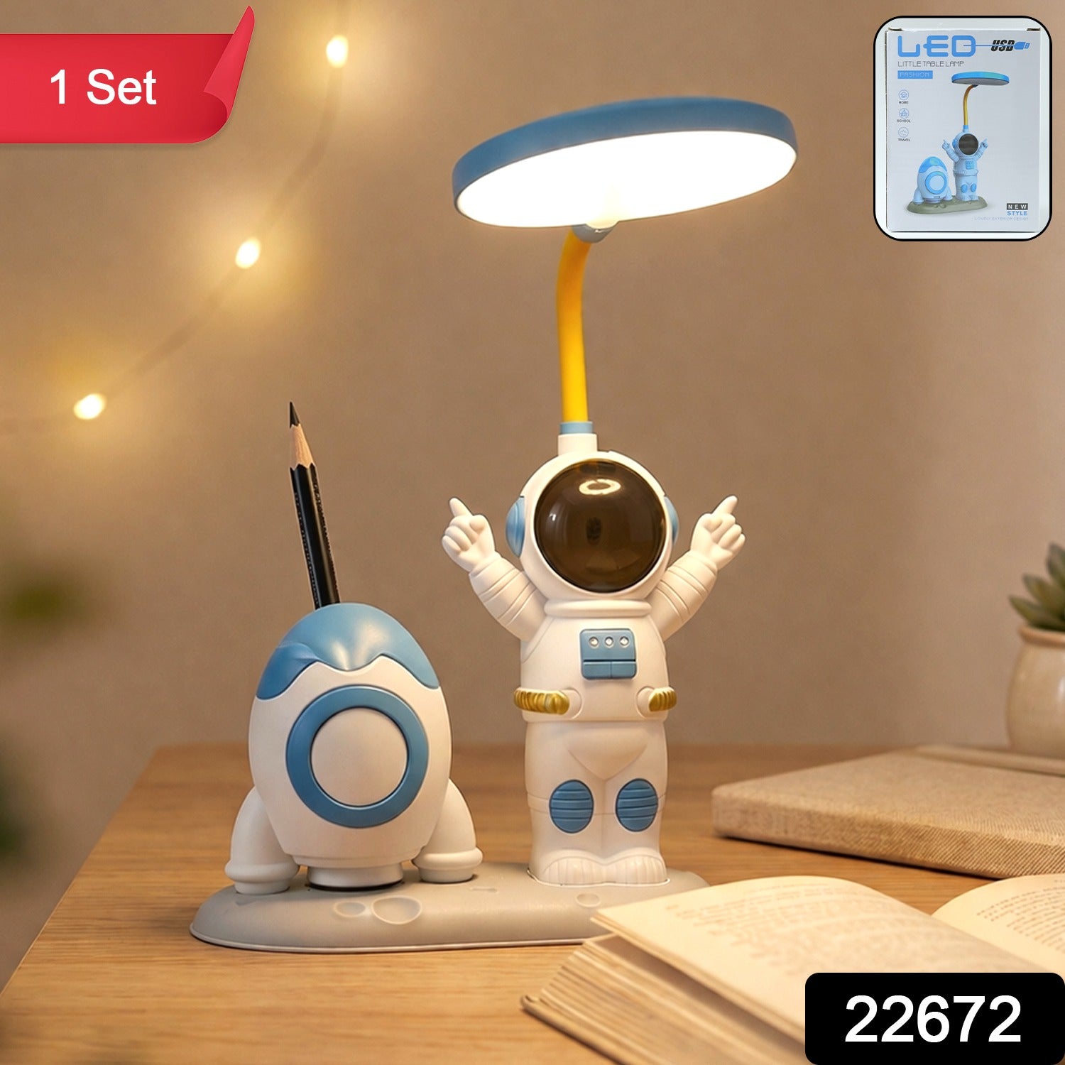 Kids astronaut LED study table lamp with built-in pencil sharpener by Wukusy, featuring a playful astronaut design and bright lighting.