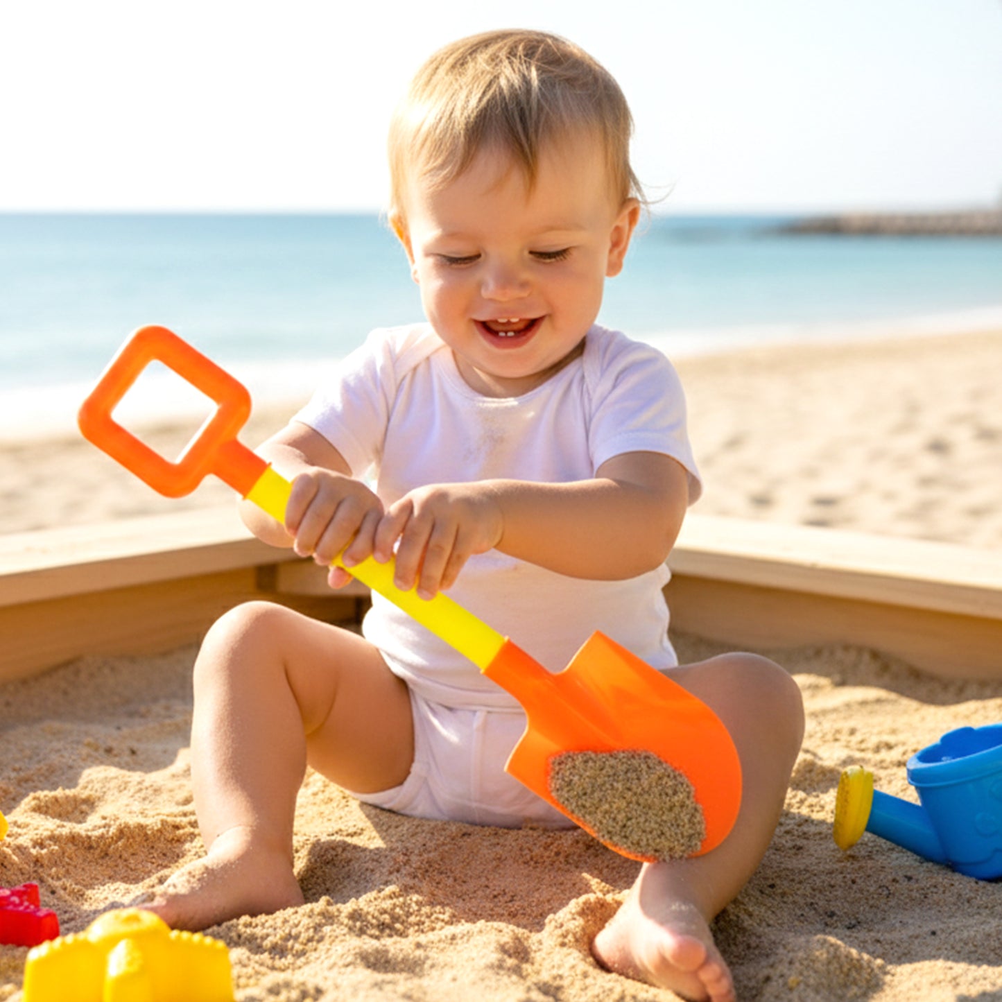 Kids beach sand shovel toy by Wukusy, featuring a colorful plastic shovel perfect for children’s sandcastle play.