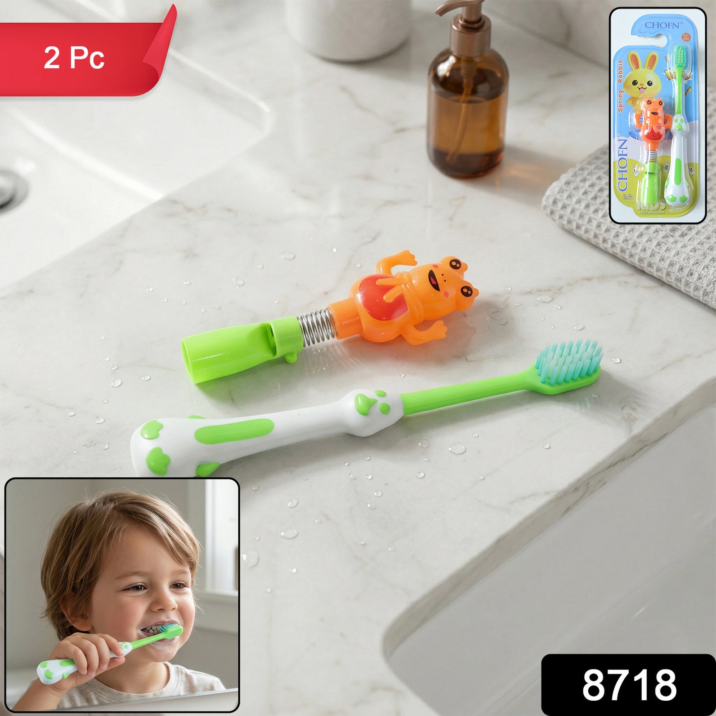 Kids cartoon spring frog toy with toothbrush set, Wukusy 2-piece playful dental care kit for children