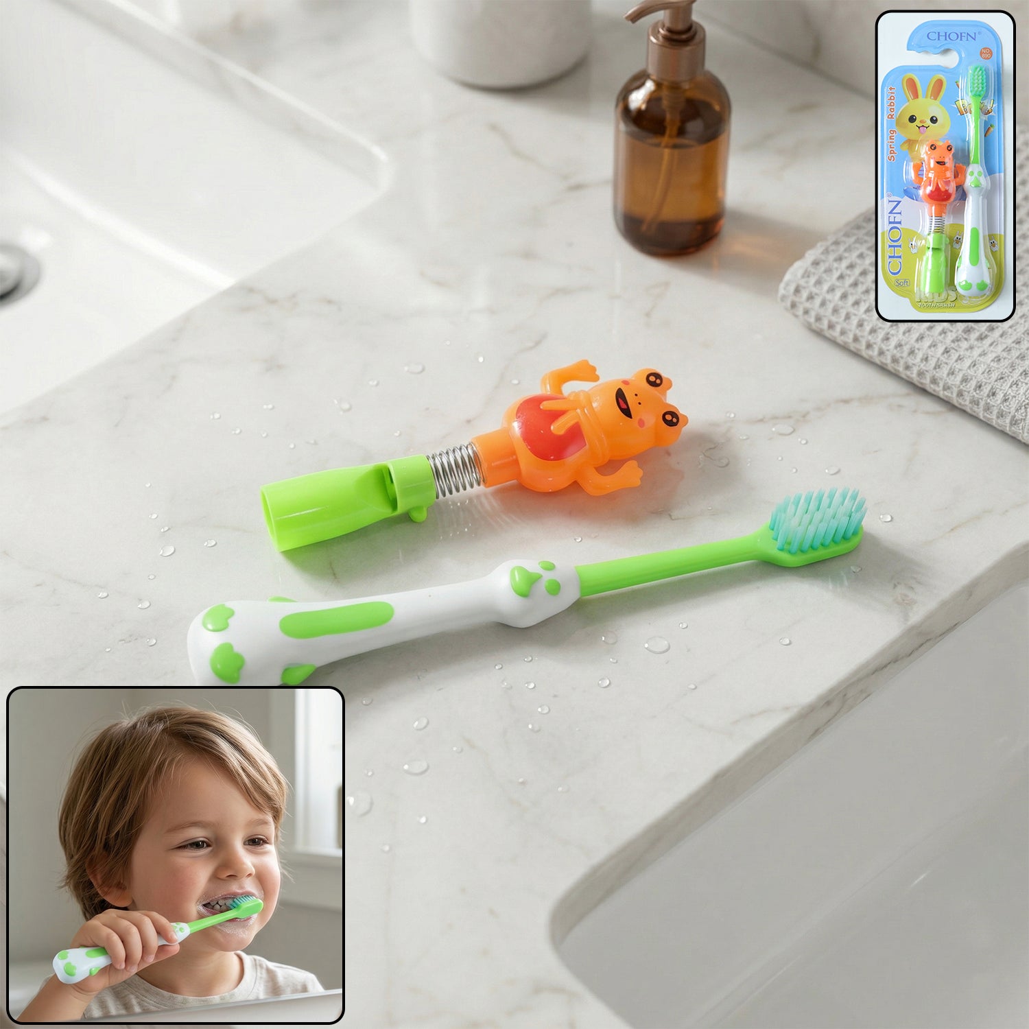 Kids cartoon spring frog toy and toothbrush set by Wukusy, colorful and playful 2-piece dental care toy for children.