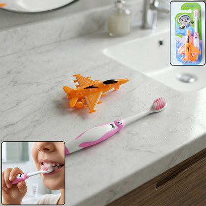 Kids cartoon toothbrush set with airplane toys by Wukusy, featuring two colorful toothbrushes for children.