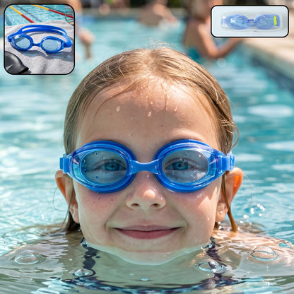 Kids Wukusy swimming goggles with transparent lens and secure fit, designed for comfortable swimming for children.
