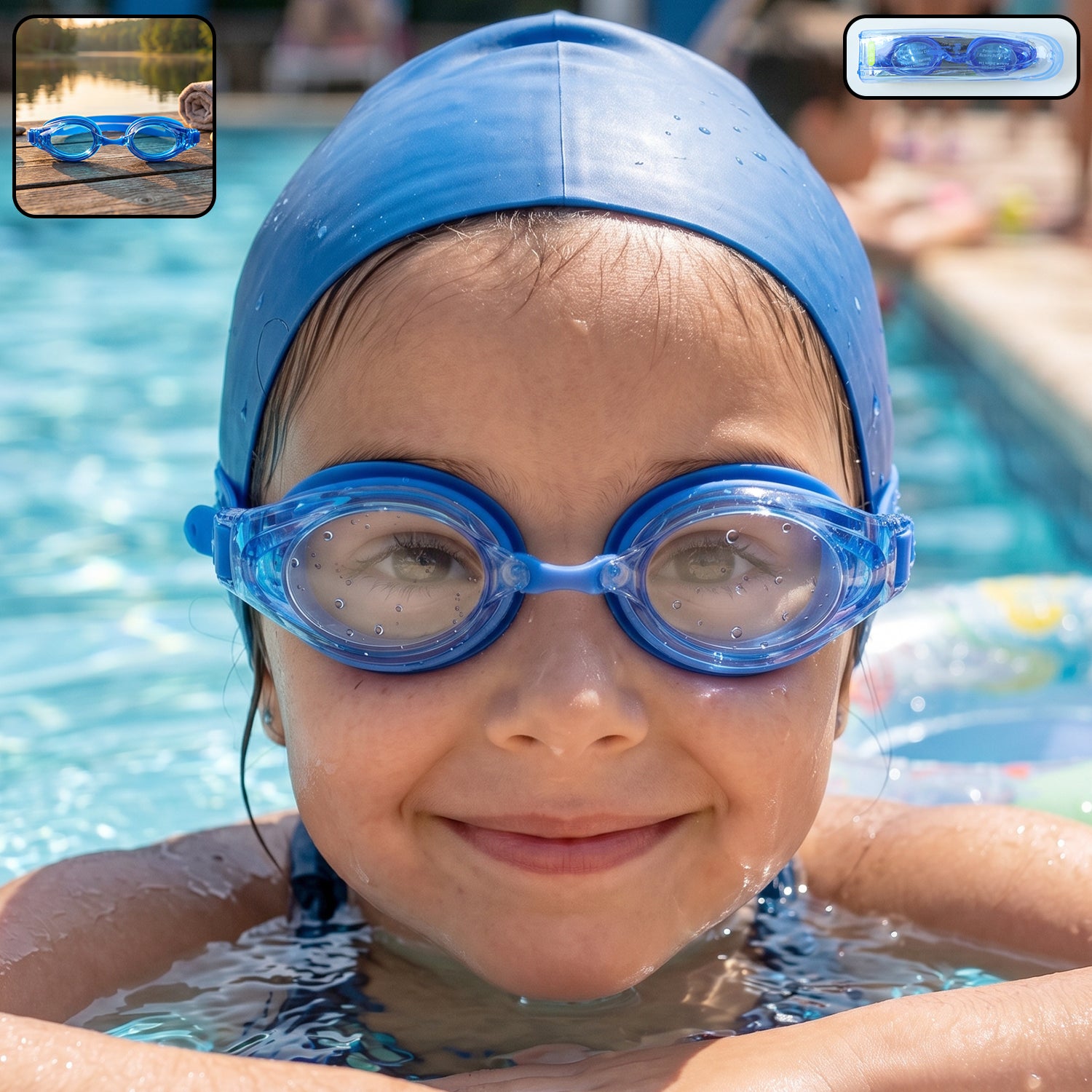 Kids professional swimming goggles by Wukusy with anti-fog lenses, adjustable strap, and clear viewing for young swimmers.