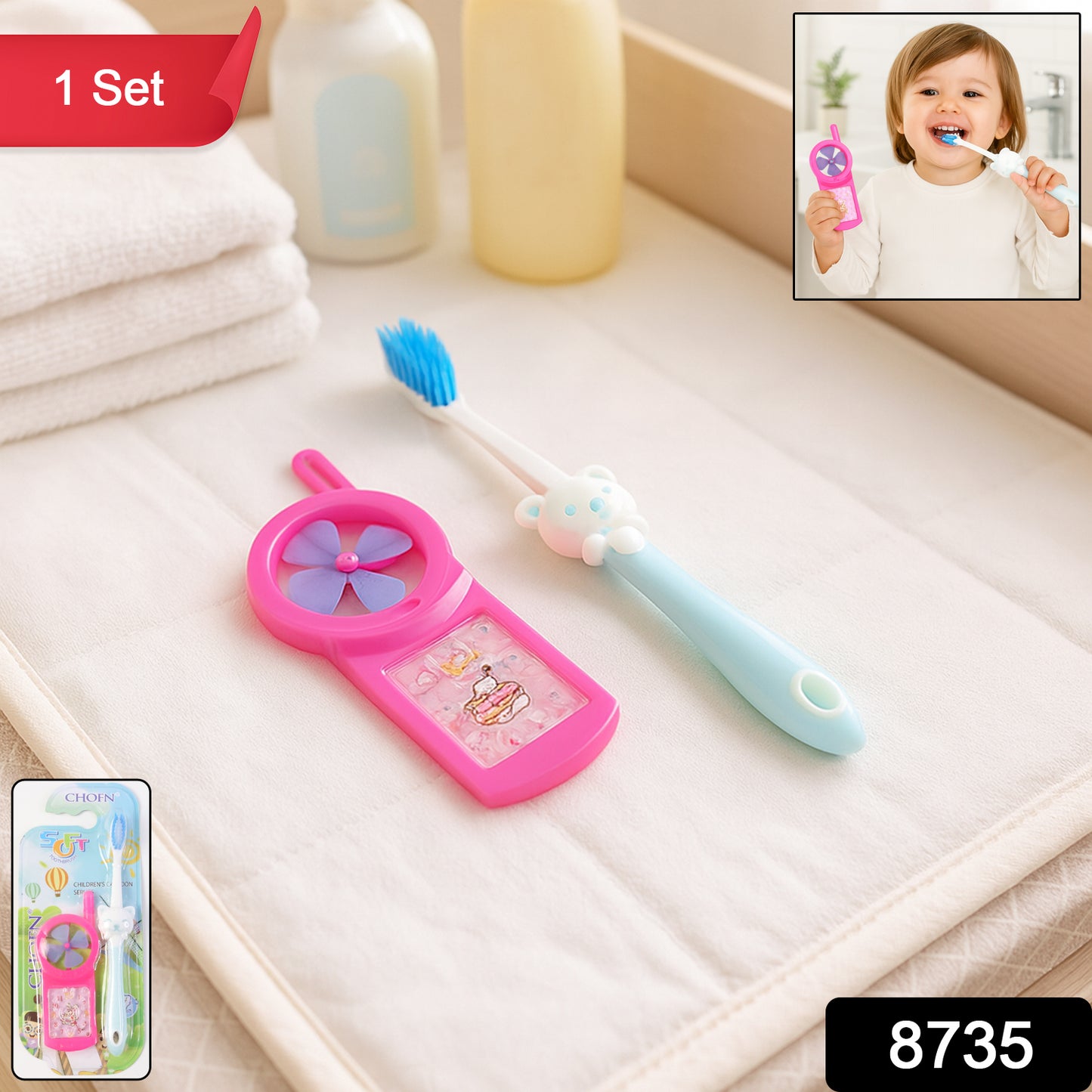 Wukusy kids toothbrush and fan toy set with colorful toothbrush and small fan toy for children, playful and fun dental care accessories.