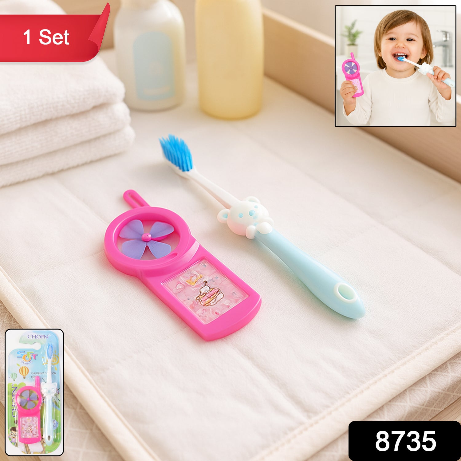 Wukusy kids toothbrush and fan toy set with colorful toothbrush and small fan toy for children, playful and fun dental care accessories.