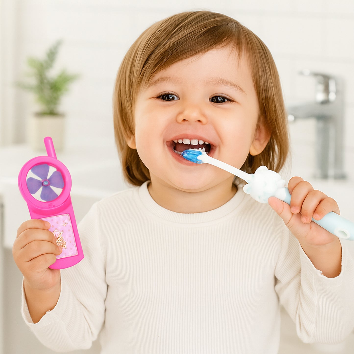Kids toothbrush and fan toy set by Wukusy featuring colorful toothbrush and playful fan toy for children.