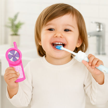 Kids toothbrush and fan toy set by Wukusy featuring colorful toothbrush and playful fan toy for children.