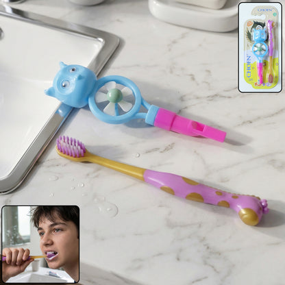 Wukusy kids toothbrush set with two colorful toothbrushes featuring cartoon whistle and fan designs for children.