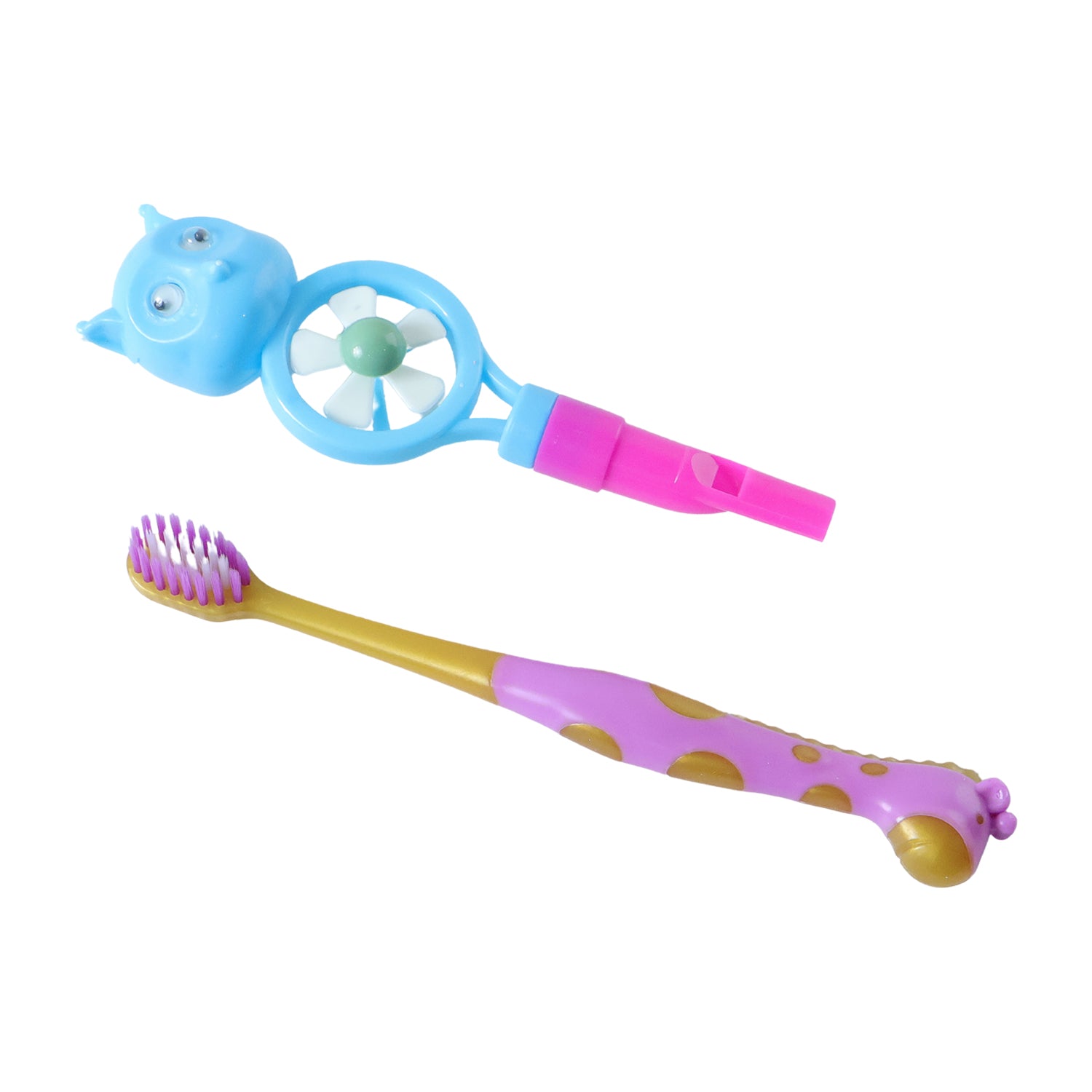 Wukusy kids toothbrush set with two cartoon-themed brushes featuring whistle and fan designs for children.