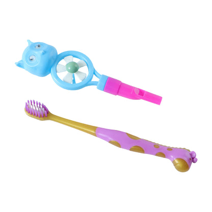 Wukusy kids toothbrush set with two cartoon-themed brushes featuring whistle and fan designs for children.