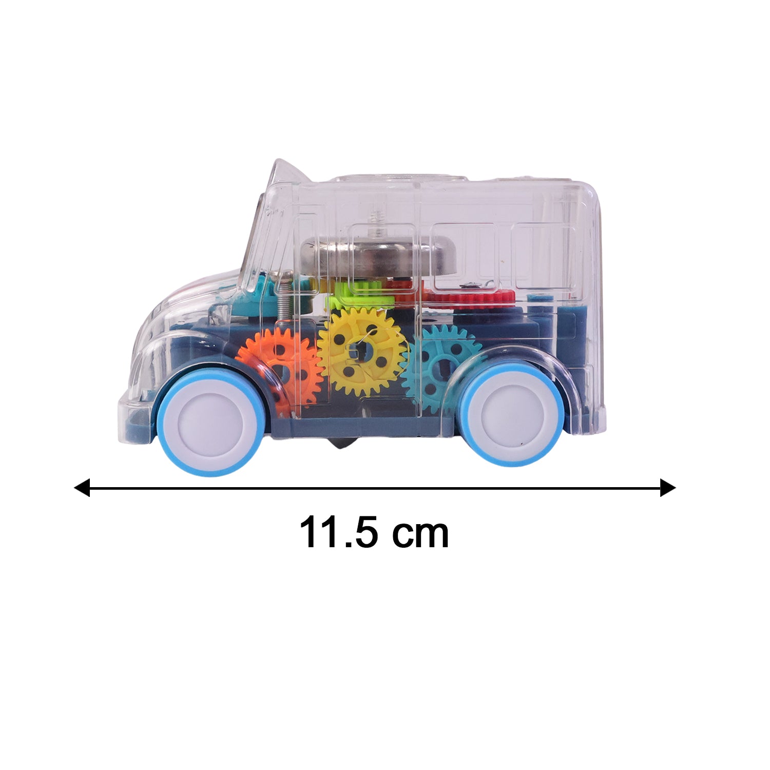 Kids transparent musical light-up school bus toy by Wukusy, featuring colorful lights and musical features, perfect for children.