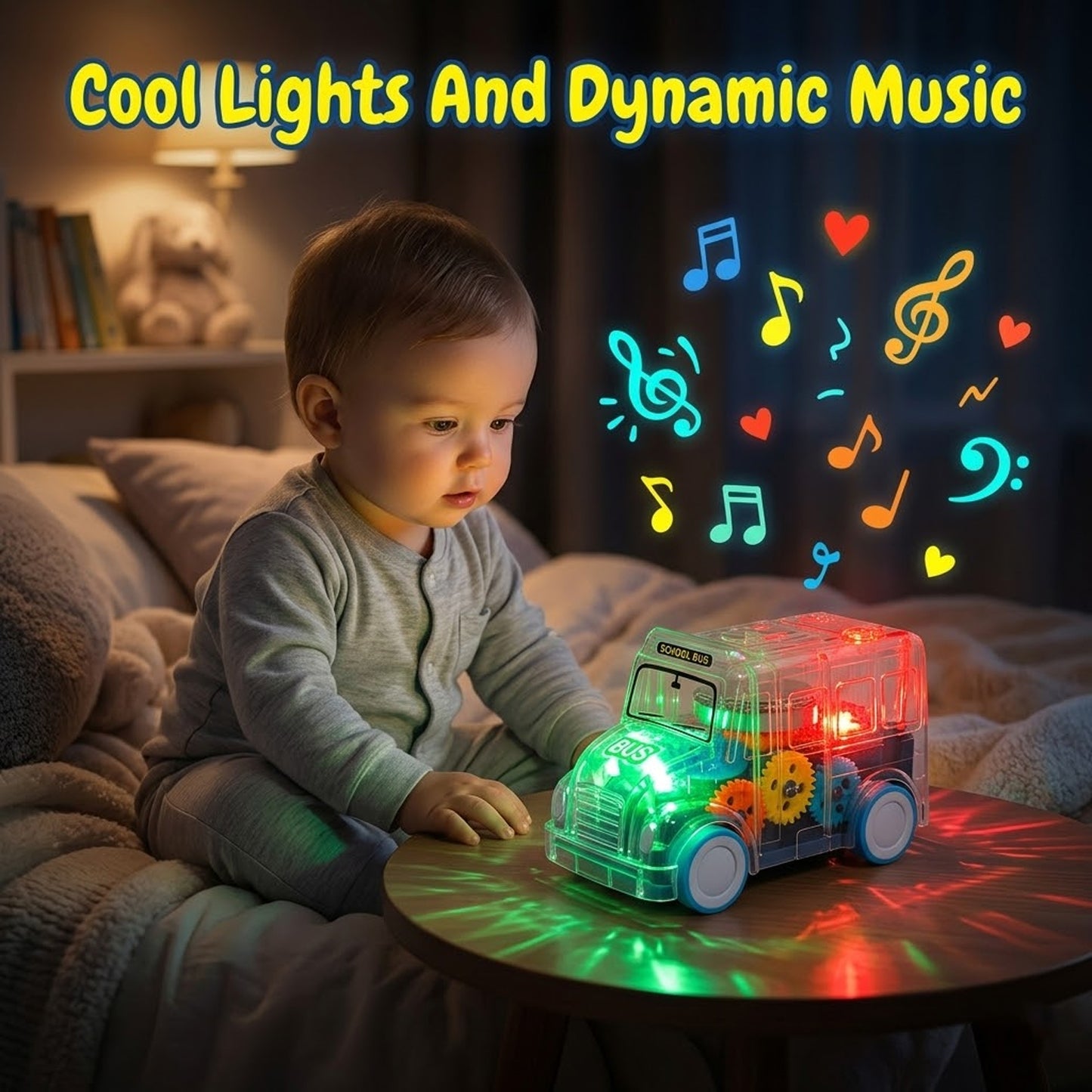 Kids transparent musical light-up school bus toy by Wukusy, featuring colorful lights and interactive design for children.