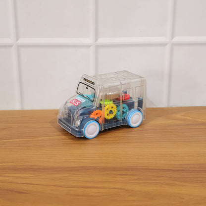 Kids transparent musical light-up school bus toy by Wukusy, featuring colorful lights and detailed bus design for children.