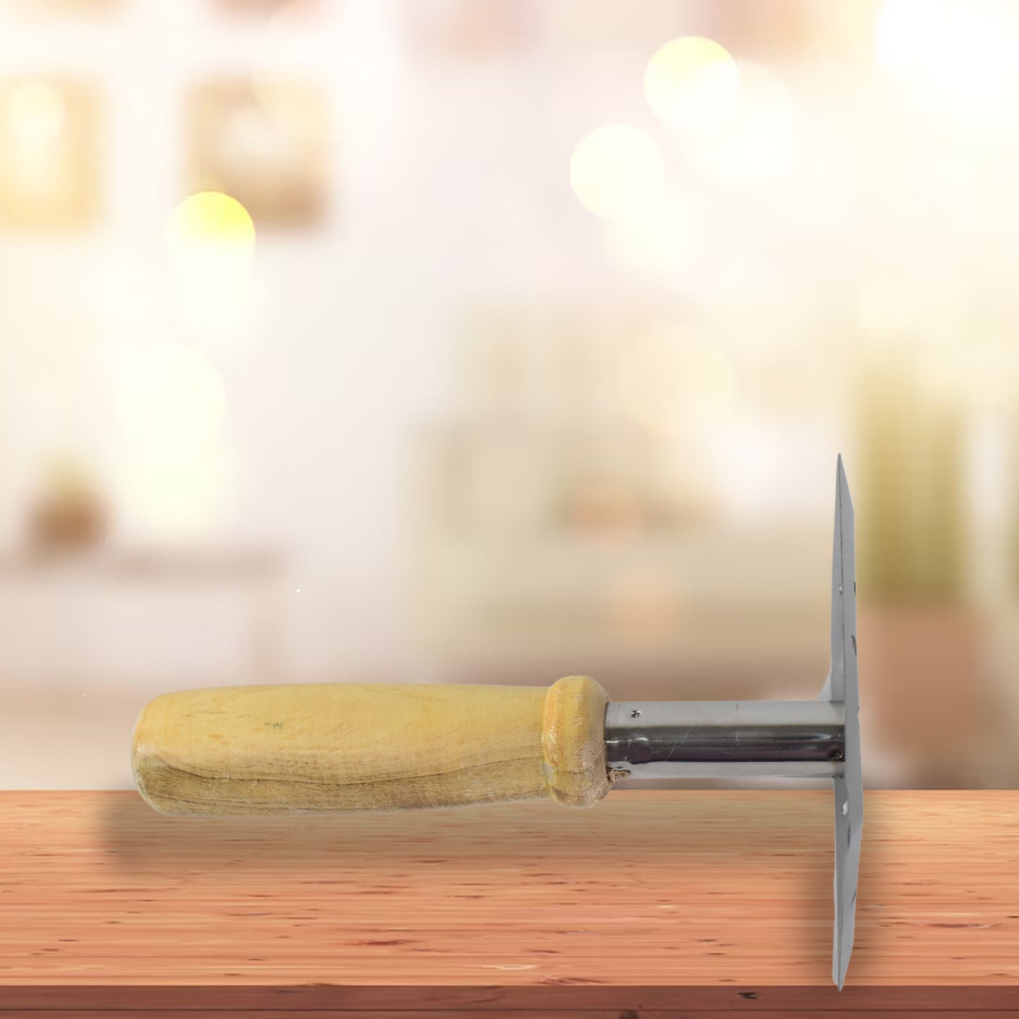 Wukusy stainless steel potato masher with a wooden handle, square head, perfect for mashing potatoes and vegetables.
