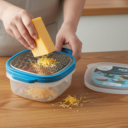 Wukusy Konvex Duo Grater with container and lid, stainless steel kitchen tool for grating and storing food.