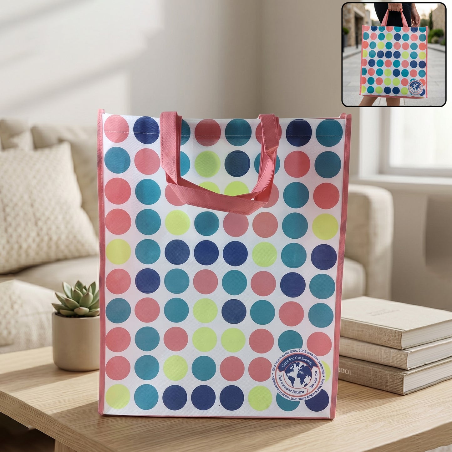 Large Wukusy printed carry hand bag, spacious 50x41 cm, versatile for daily use, with colorful printed design and sturdy handles.