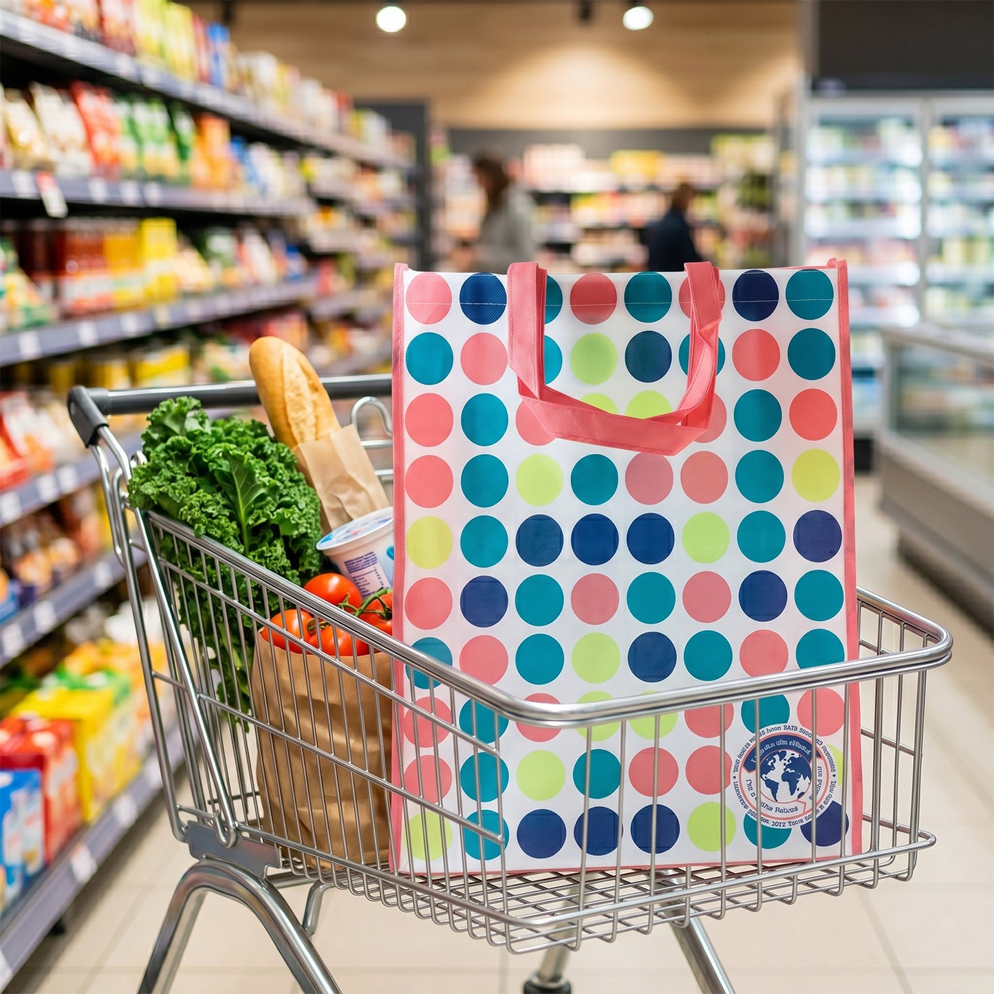 Large Wukusy printed carry hand bag with handles, measuring 50x41 cm, designed for versatile use and spacious storage.