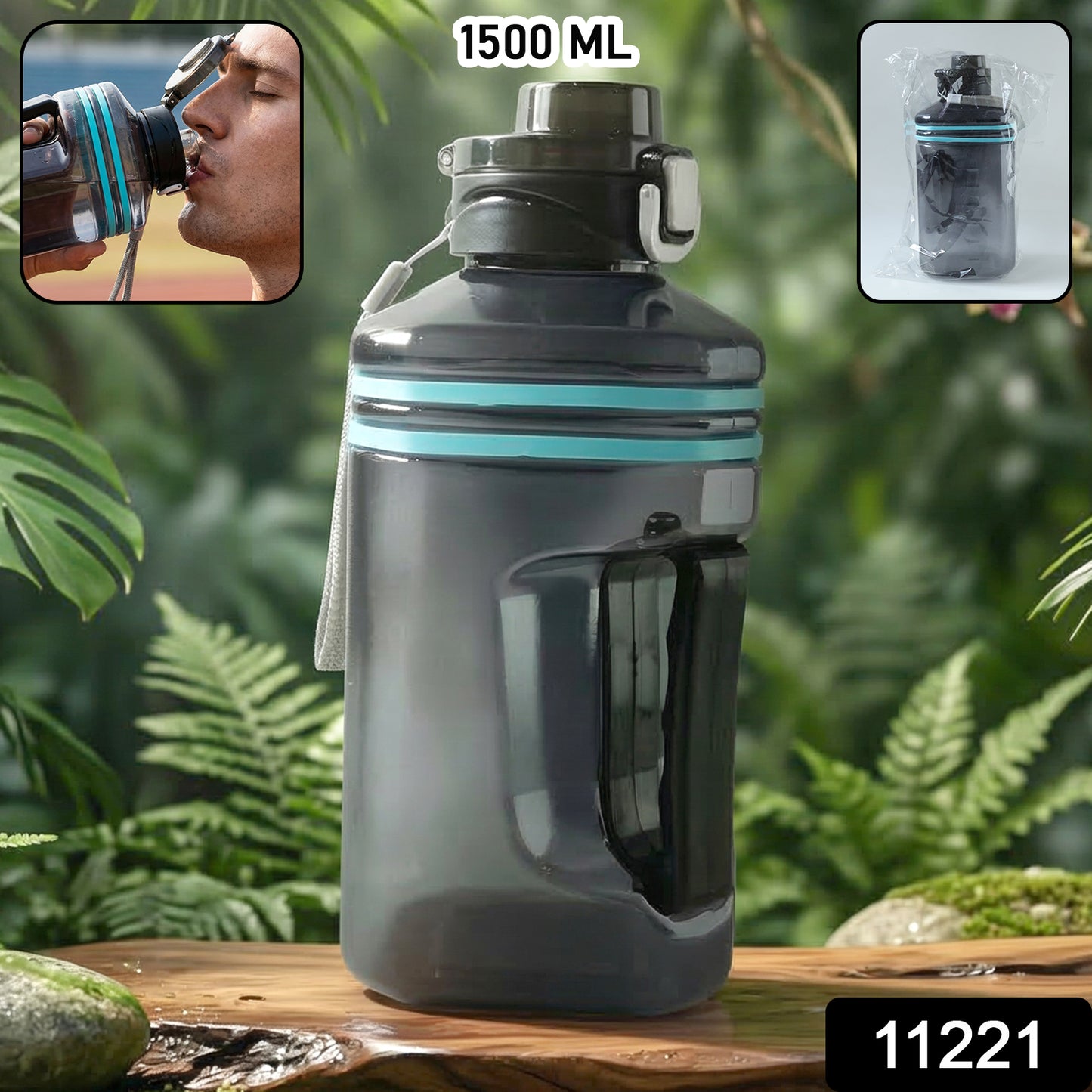 Large square Wukusy gallon-style water bottle with handle, 1500 ml capacity, durable plastic, and easy-to-carry design.