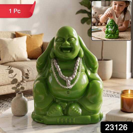 Wukusy Laughing Buddha coin bank, ceramic money-saving box with smiling Buddha design for saving coins and cash.