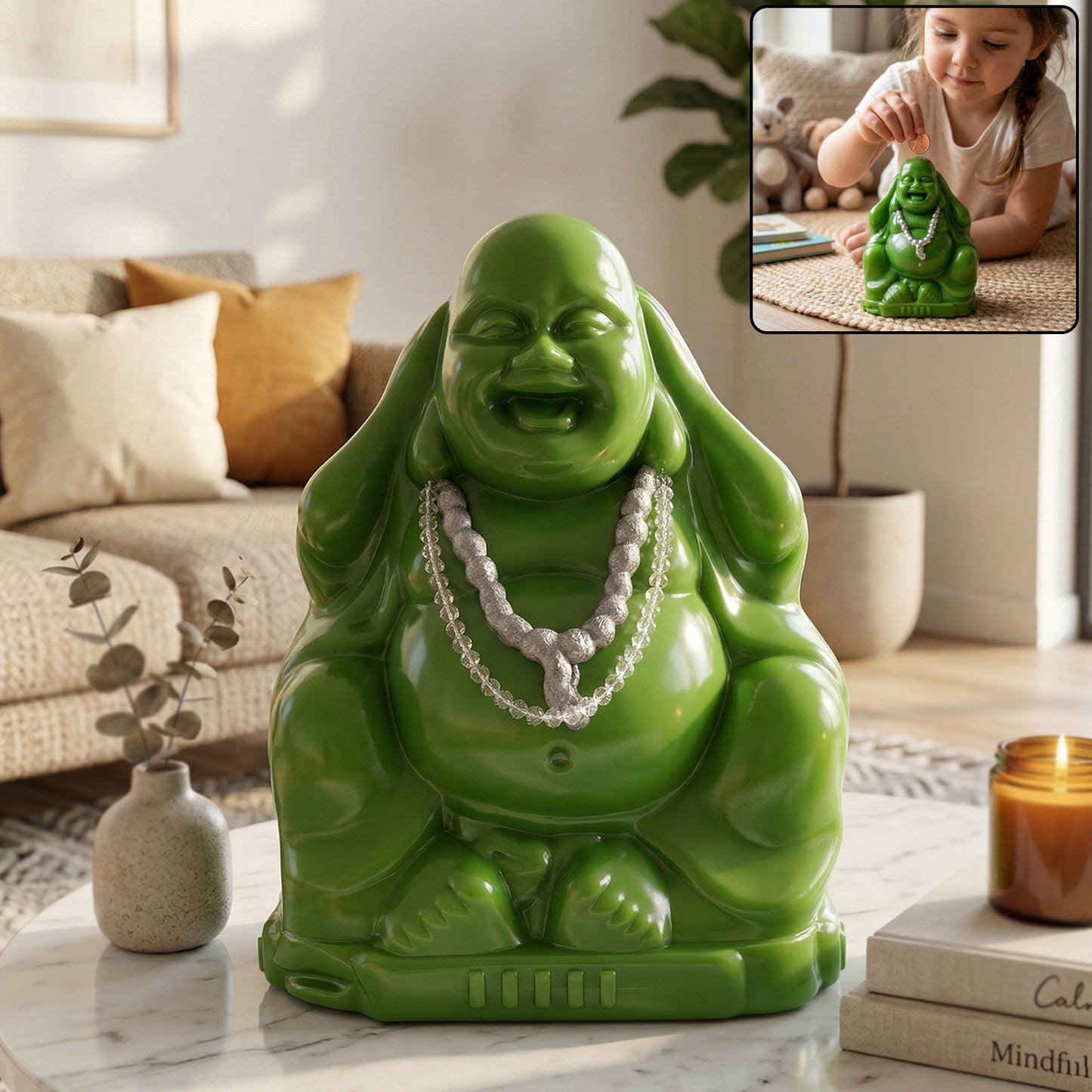 Wukusy Laughing Buddha coin bank savings box, ceramic money bank with smiling Buddha design for storing coins and cash