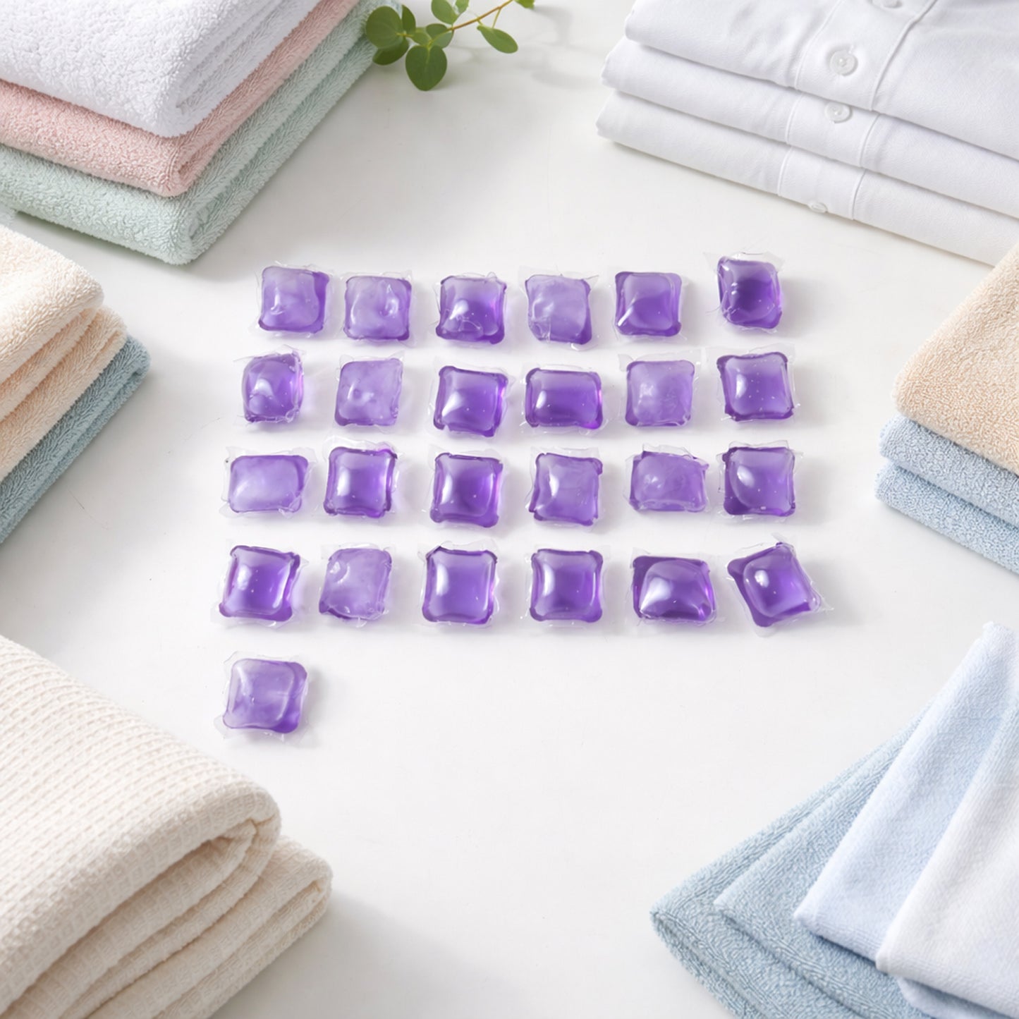 Wukusy laundry detergent pods in a 25-piece pack, showing clear pods with blue and white cleaning solution inside.