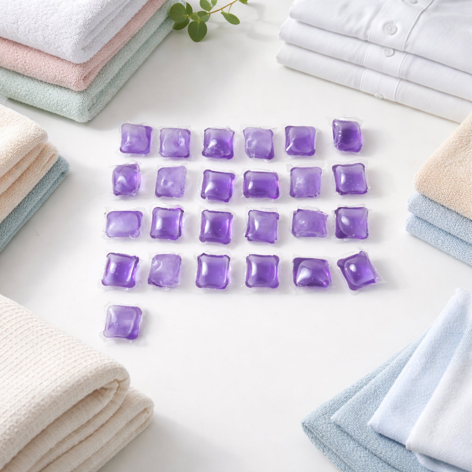 Wukusy laundry detergent pods in a 25-piece pack, showing clear pods with blue and white cleaning solution inside.