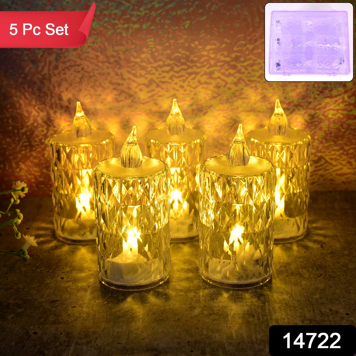 Wukusy LED crystal effect flameless candle light set with five candles, creating a warm, glowing ambiance.