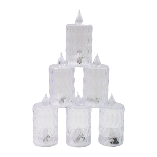 Wukusy LED crystal effect flameless candle light set with five ivory candles and flickering flames on a decorative tray.