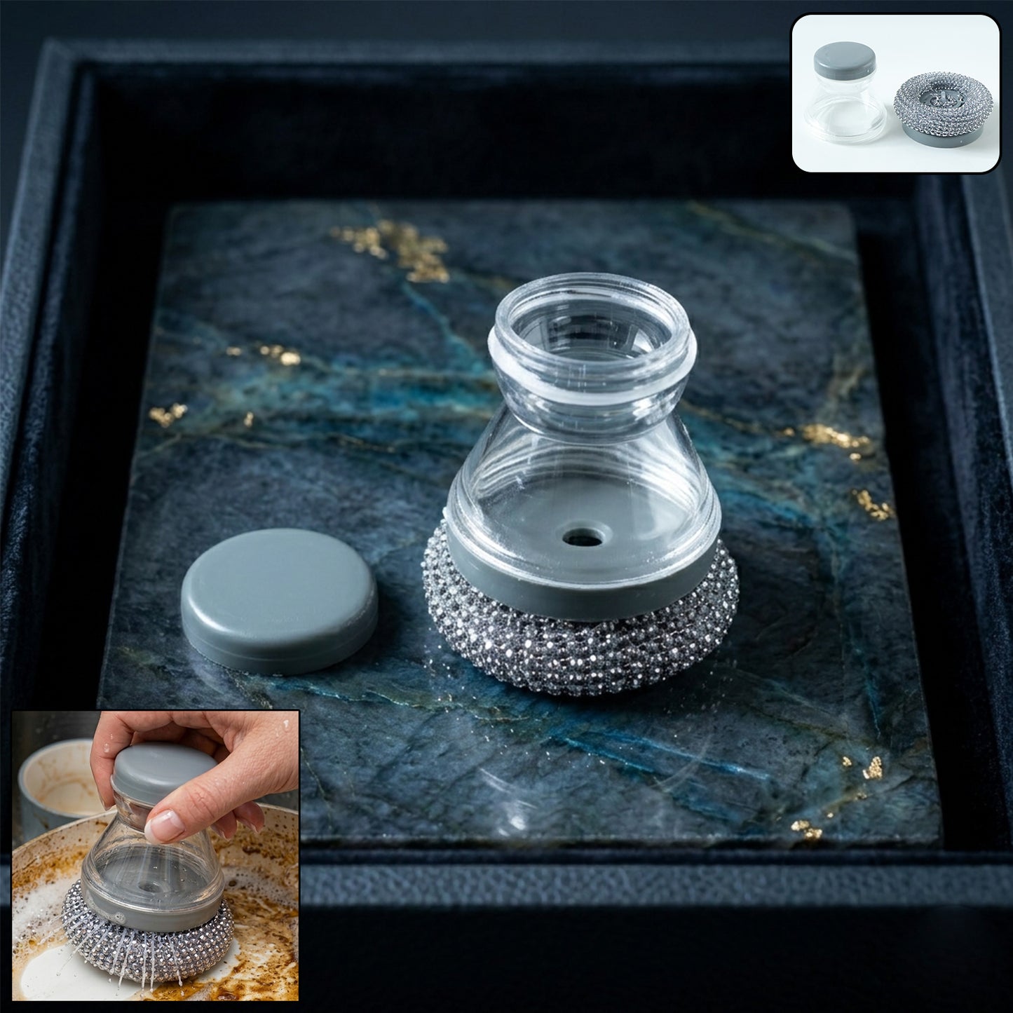 Wukusy liquid dispensing dish cleaning brush with handle and bristles for easy washing of dishes and cookware.