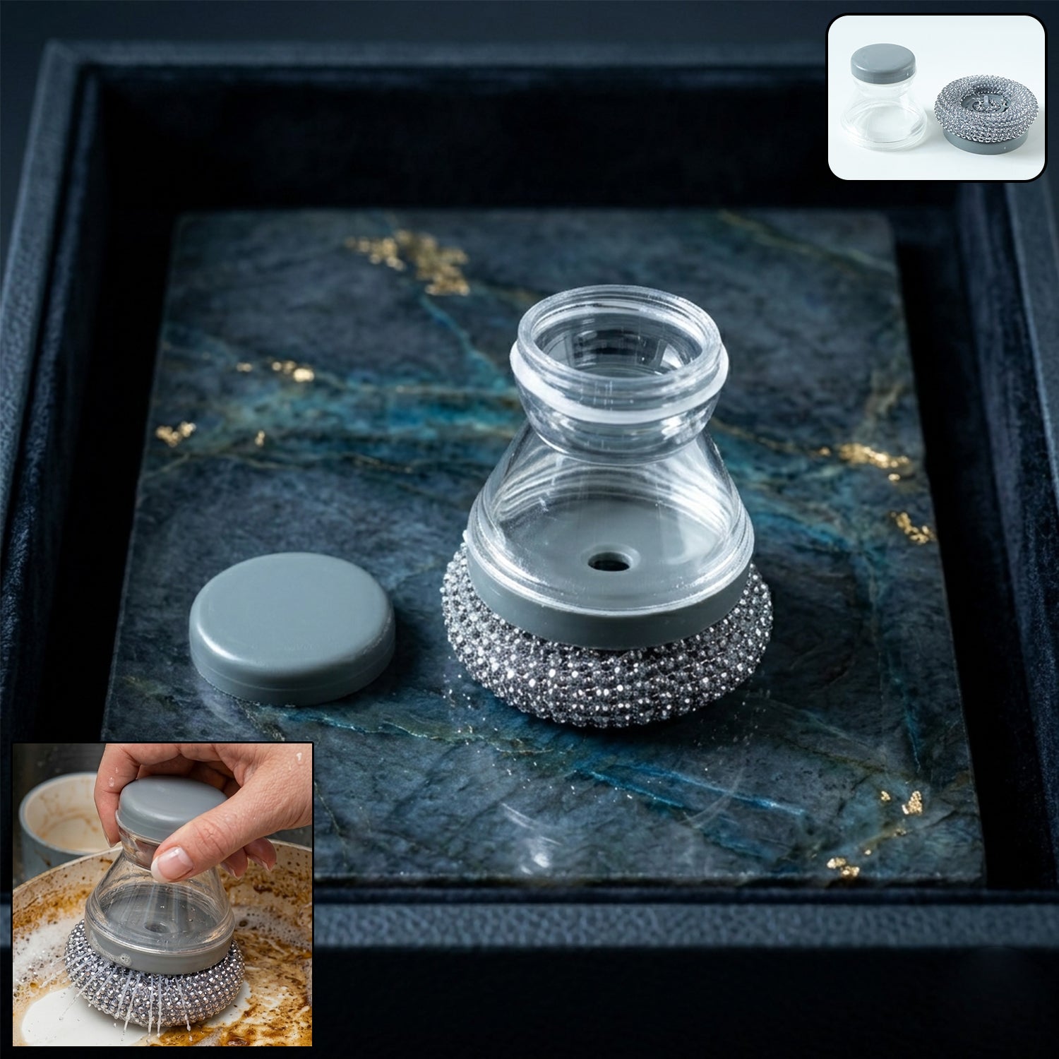 Wukusy liquid dispensing dish cleaning brush with handle and bristles for easy washing of dishes and cookware.