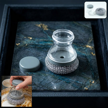 Wukusy liquid dispensing dish cleaning brush with handle and bristles for easy washing of dishes and cookware.