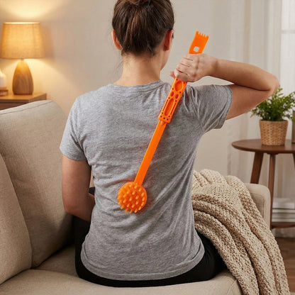 Wukusy long handle body massage roller stick for muscle relief, shown in black with ergonomic design.