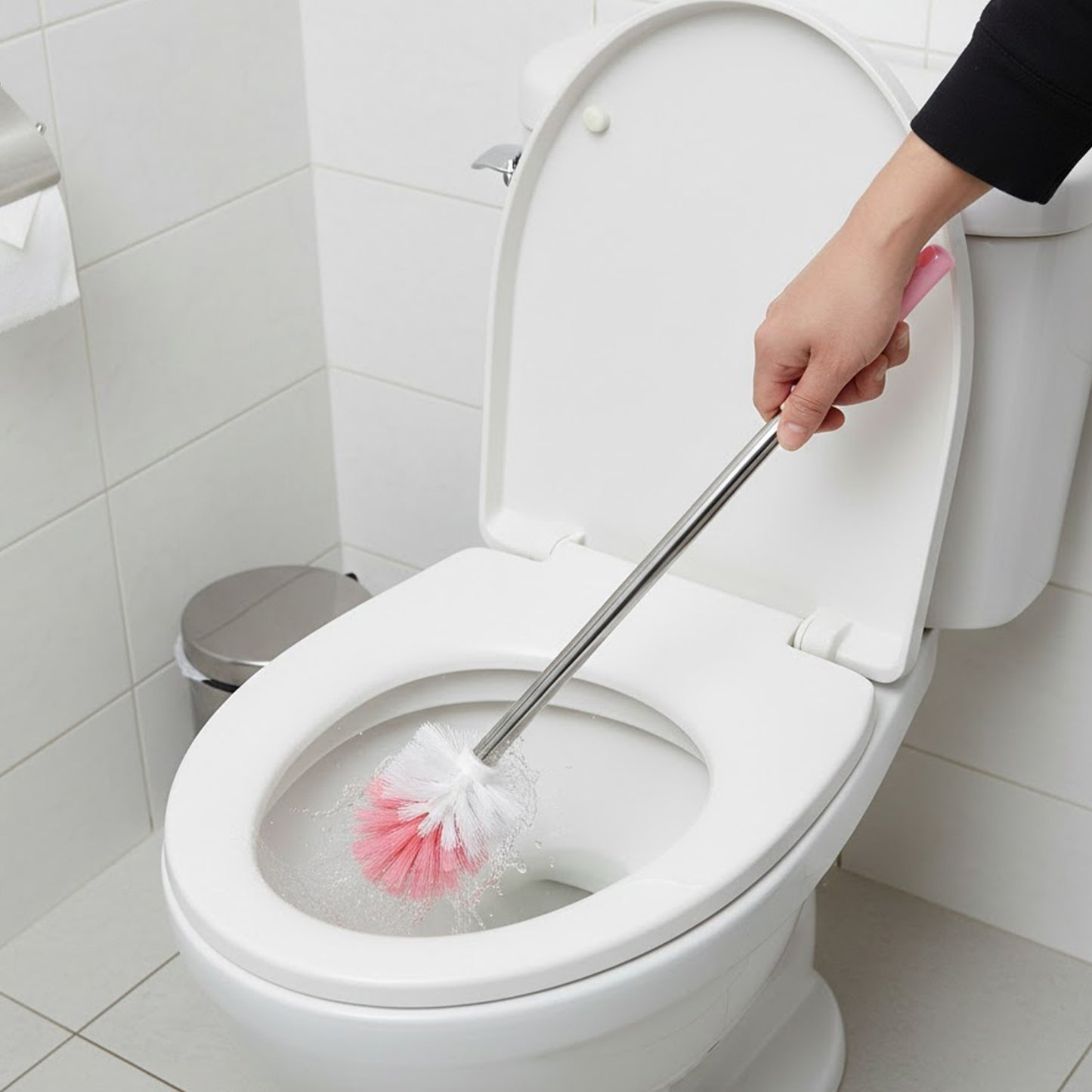 Wukusy long handle toilet cleaning brush with sturdy bristles for effective bathroom cleaning, single piece in white and blue.