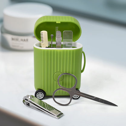 Wukusy manicure and pedicure kit with 8 foot care tools, nail clippers, and a mini 4-wheel suitcase trolley for easy transport.