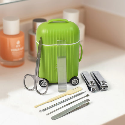 Wukusy 8-piece manicure and pedicure kit with nail clippers, tools for feet, in a mini 4-wheel suitcase trolley.