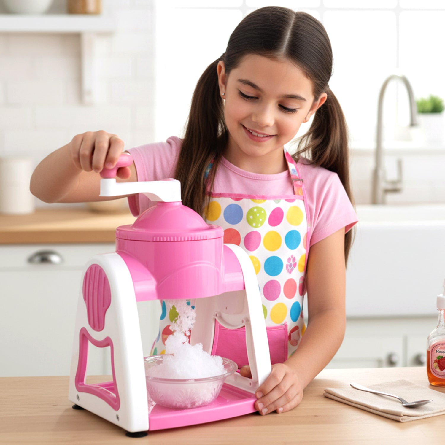 Pink Wukusy manual ice crusher machine set for crushing ice, with handle and durable construction.