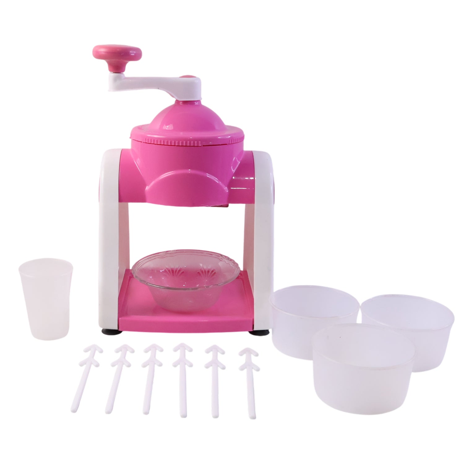 Wukusy pink manual ice crusher machine set for crushing ice, featuring a compact design and easy-to-use handle.