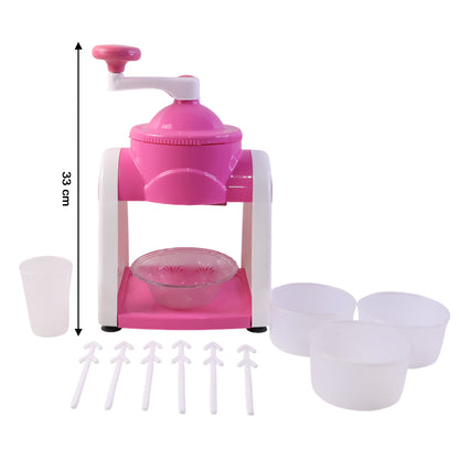 Wukusy manual ice crusher machine set in pink color with handle and crushing chamber for making crushed ice.