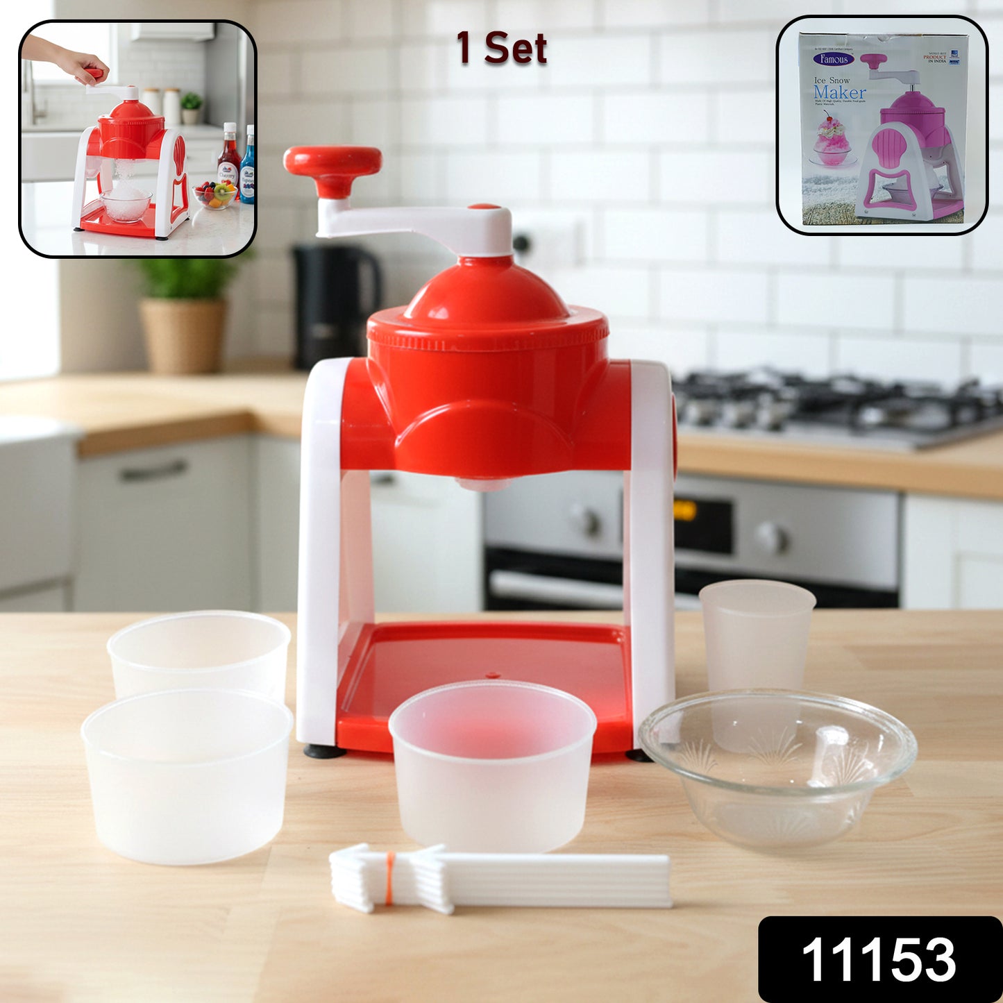 Red Wukusy manual ice snow maker machine set for easy snow creation, ideal for fun winter activities.
