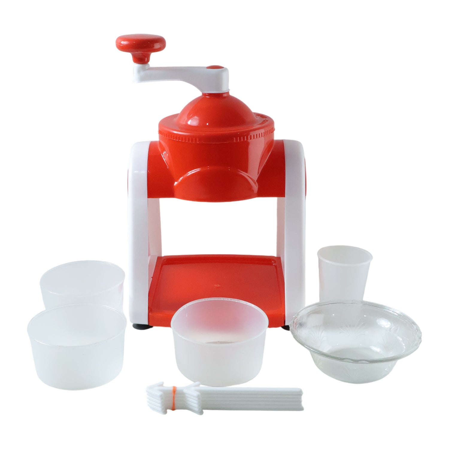 Wukusy manual ice snow maker machine in red, showing the compact device for making ice or snow at home.