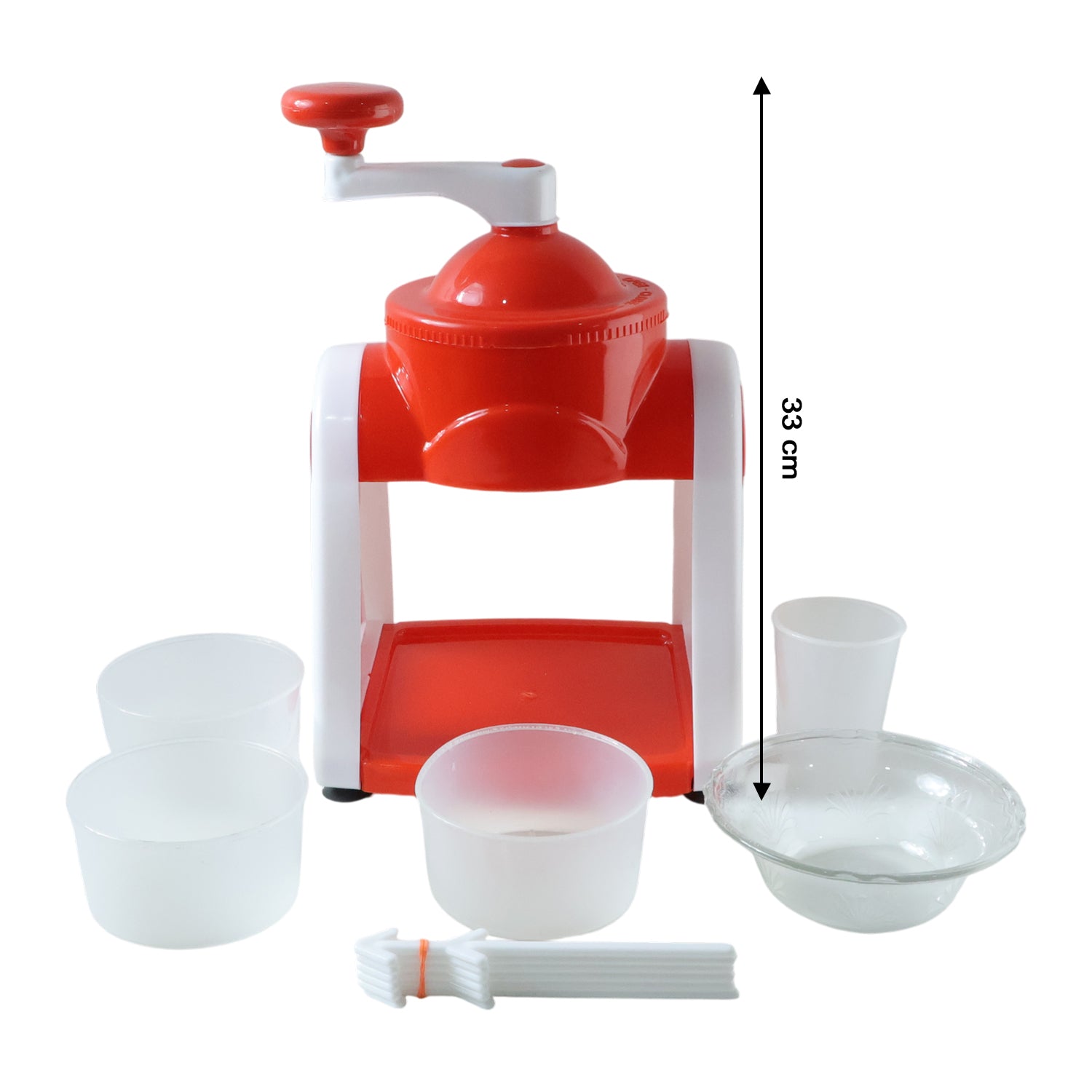 Red Wukusy manual ice snow maker machine set for making ice or snow in winter or parties, shown in the image.