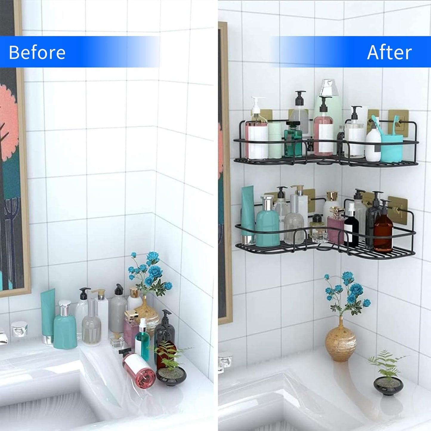Wukusy metal shower shelf set without drilling, two-piece bathroom storage shelves with sleek, modern design for easy installation