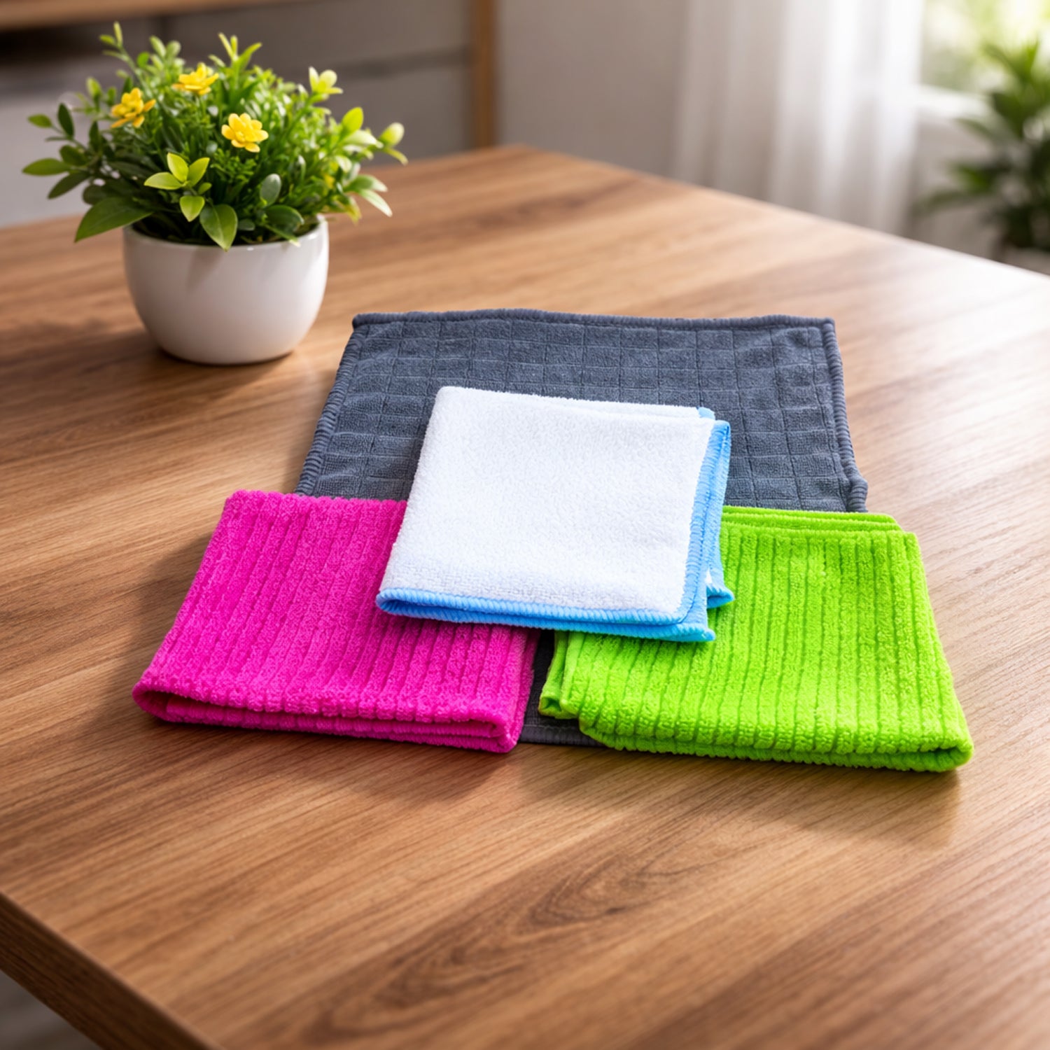 Wukusy microfiber cleaning cloth set with four soft, absorbent cloths for cleaning surfaces and delicate items.