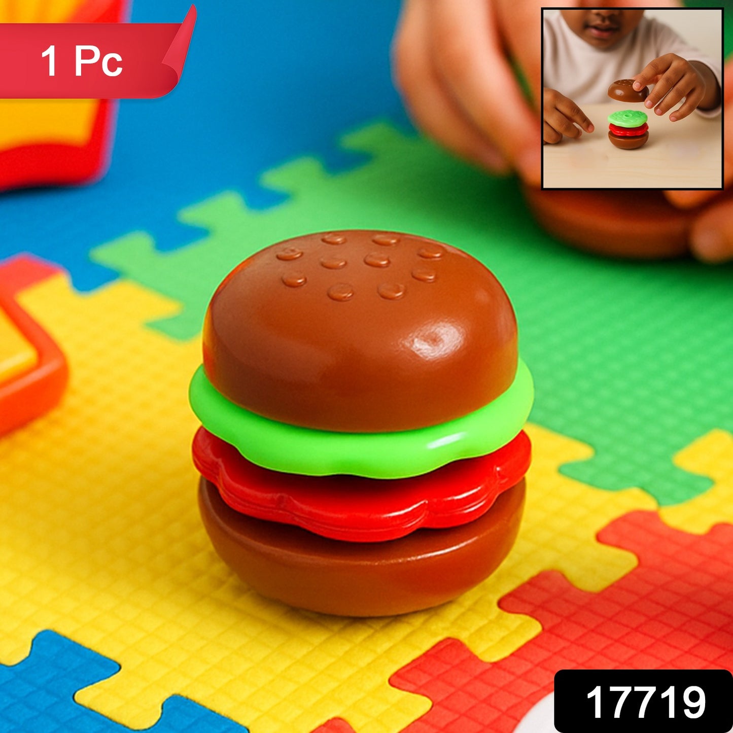 Mini burger-shaped toy for kids by Wukusy, featuring a colorful, realistic burger design perfect for imaginative play.