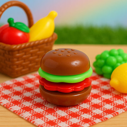 Mini burger-shaped Wukusy toy for kids, featuring colorful details and realistic burger design, perfect for imaginative play.