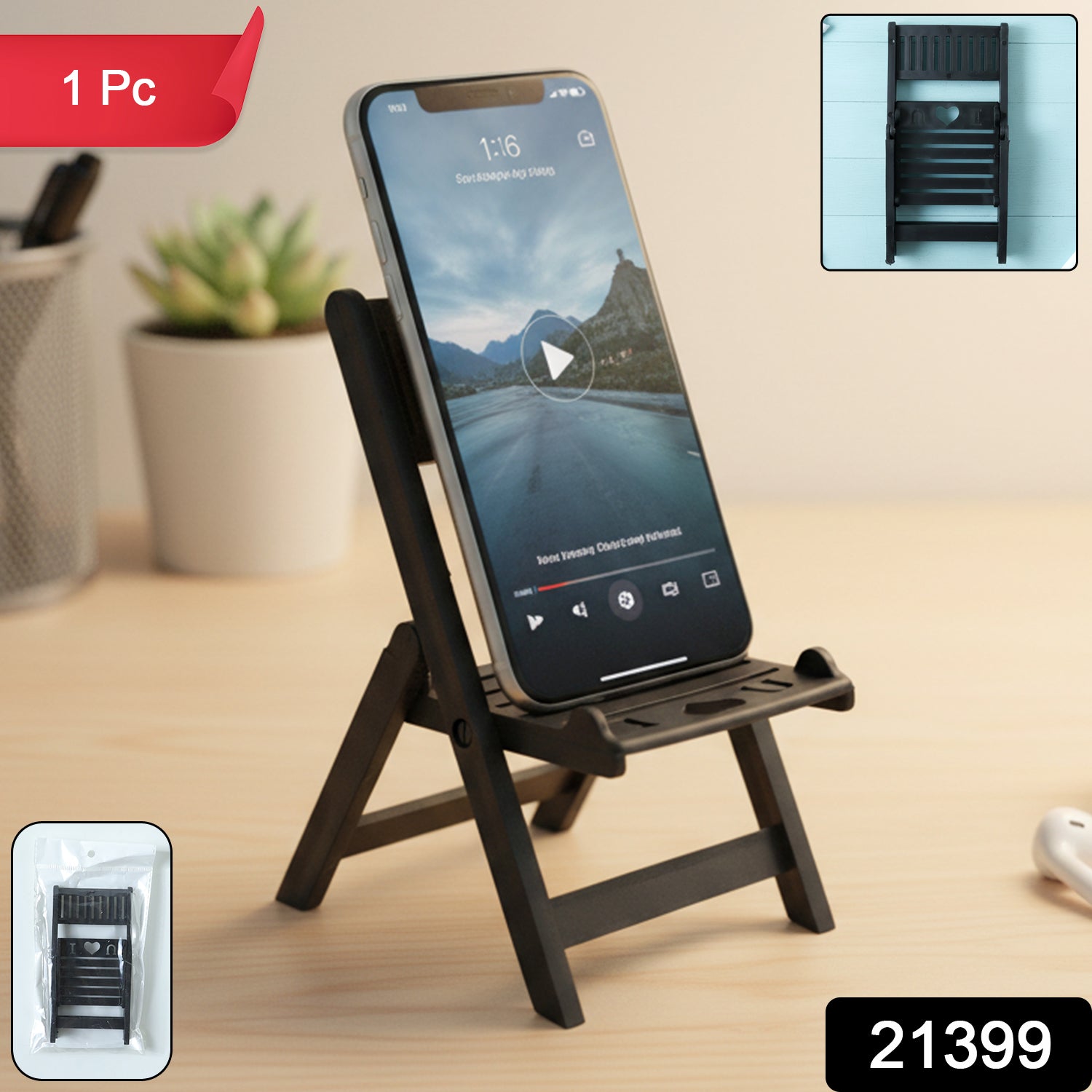 Black mini chair-shaped mobile stand holder by Wukusy, compact and durable for holding smartphones securely.