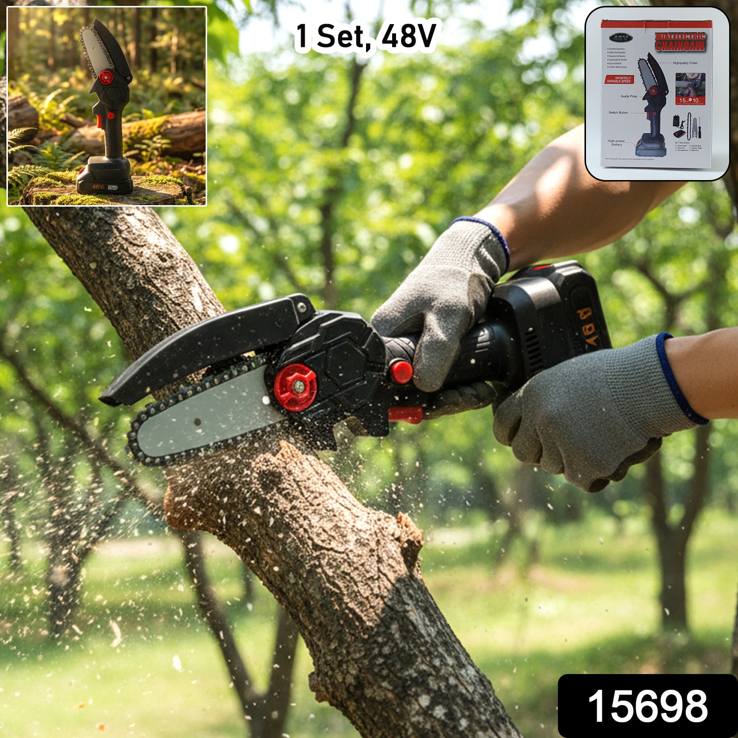 Wukusy mini electric cordless chainsaw with 24cm bar and 48V battery for pruning and cutting tasks.