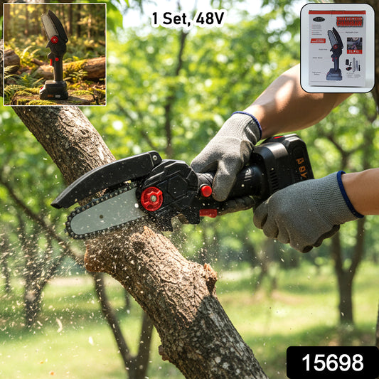 Wukusy mini electric cordless chainsaw with 24cm bar and 48V battery for pruning and cutting tasks.
