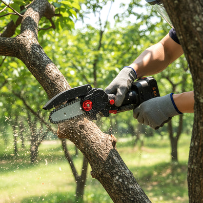 Wukusy mini electric cordless chainsaw with 24cm blade and 48V battery, compact and portable for tree trimming and cutting tasks.