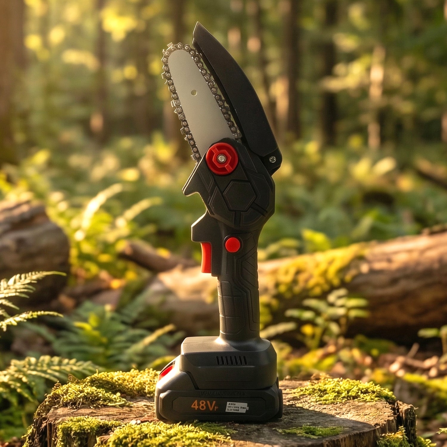 Wukusy mini electric cordless chainsaw set with 48V battery and 24cm bar for pruning and light cutting tasks.